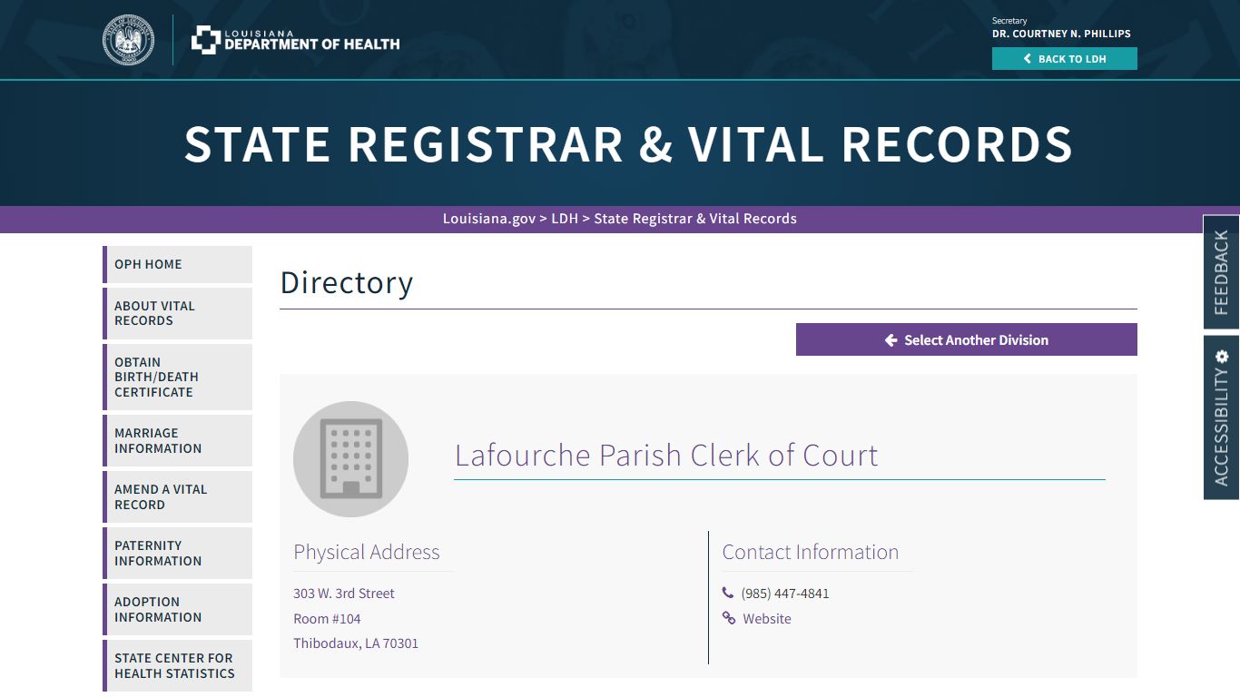 Lafourche Parish Clerk of Court | La Dept. of Health